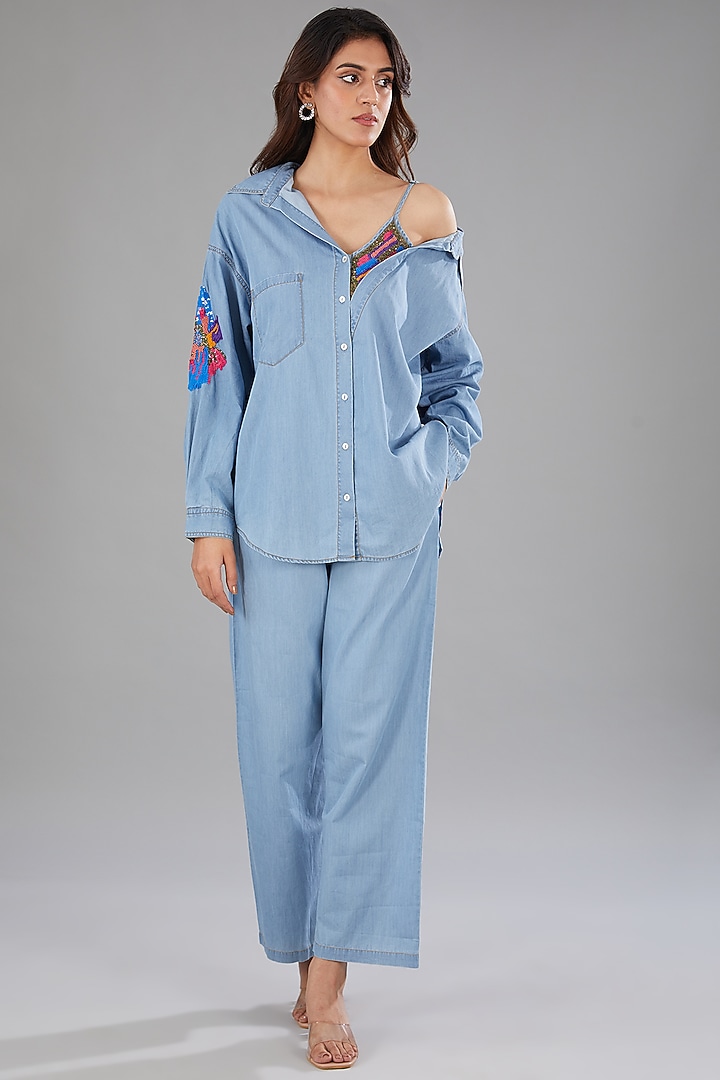 Blue Denim Floral Embellished Shirt by Nakateki at Pernia's Pop Up Shop