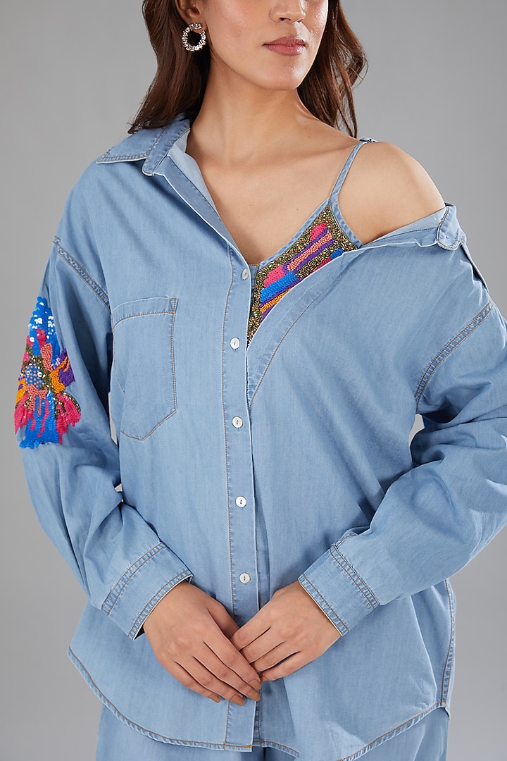 Blue Denim Floral Embellished Shirt by Nakateki at Pernia's Pop Up Shop