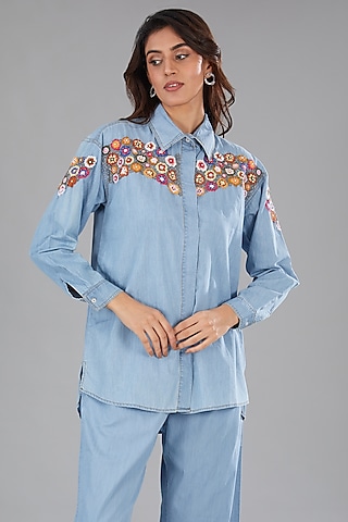 Blue Denim Floral Embellished High-Low Shirt by Nakateki