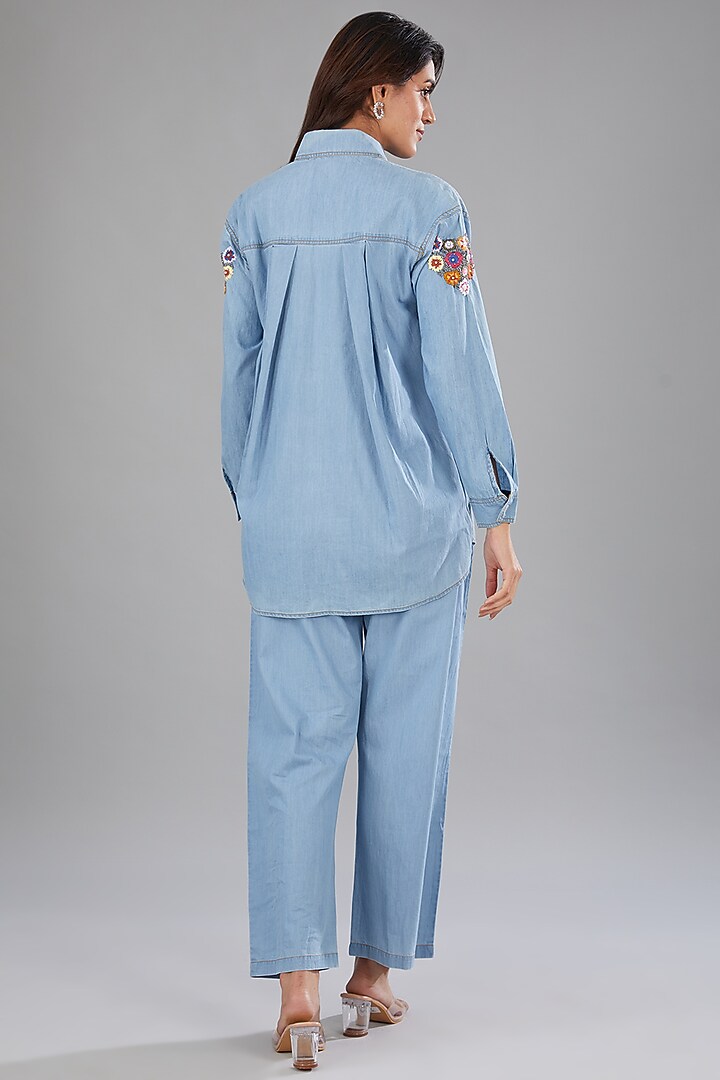 Blue Denim Floral Embellished High-Low Shirt by Nakateki at Pernia's Pop Up Shop