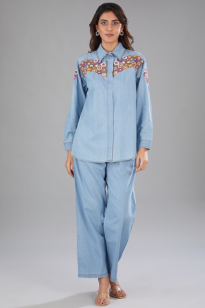 Blue Denim Floral Embellished High-Low Shirt by Nakateki at Pernia's Pop Up Shop