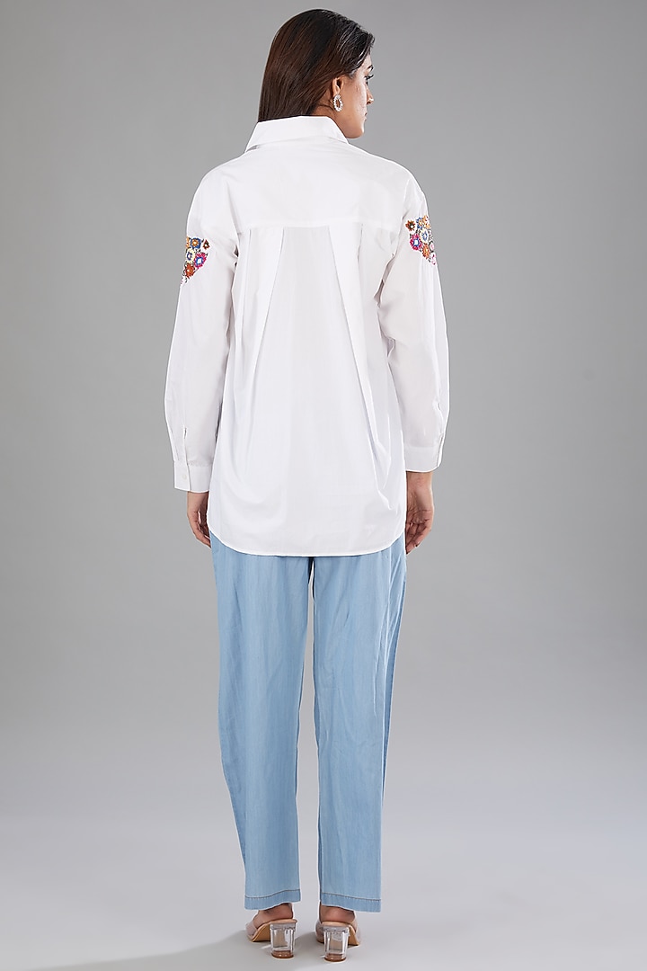 White Cotton Poplin Floral Embellished High-Low Shirt by Nakateki at Pernia's Pop Up Shop