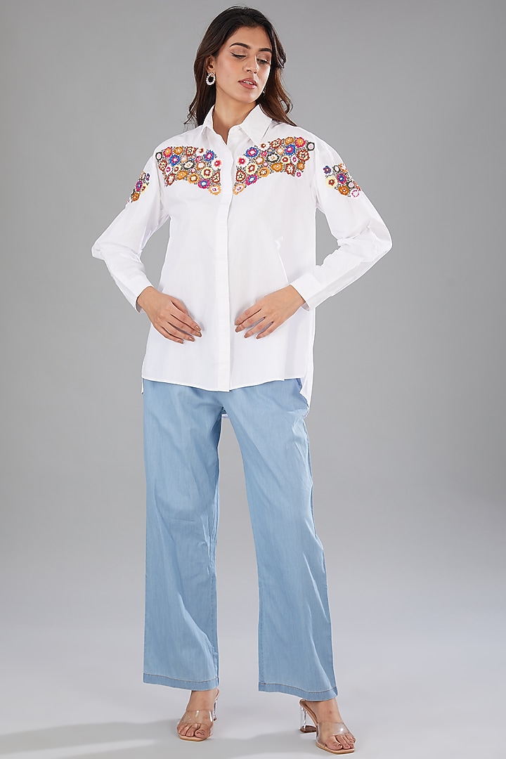 White Cotton Poplin Floral Embellished High-Low Shirt by Nakateki at Pernia's Pop Up Shop