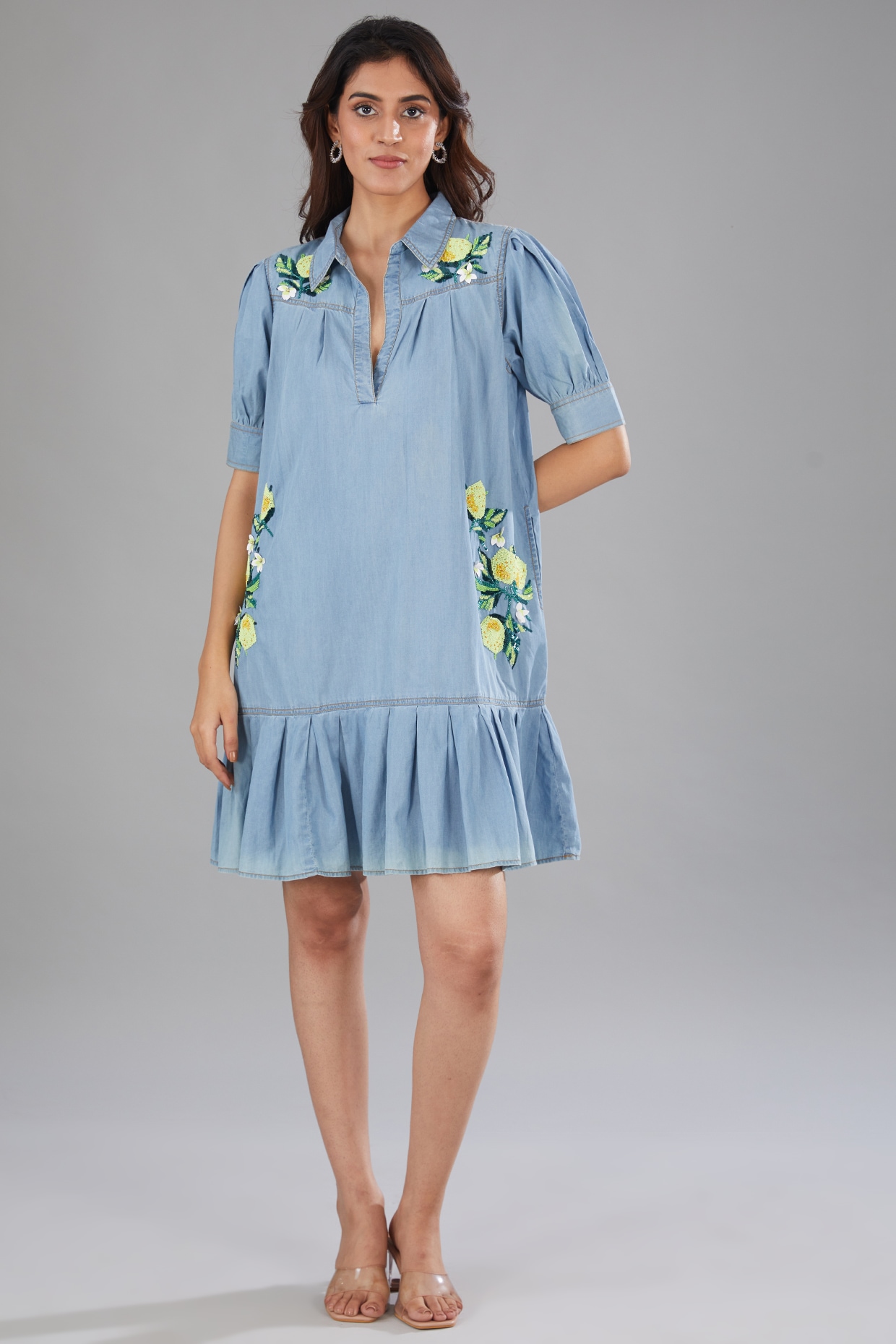 Mimi Puff Sleeve Denim Mini Dress In Vintage Sugar | Alice And Olivia