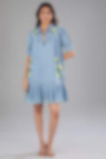 Blue Denim Embellished Pleated Shift Dress by Nakateki