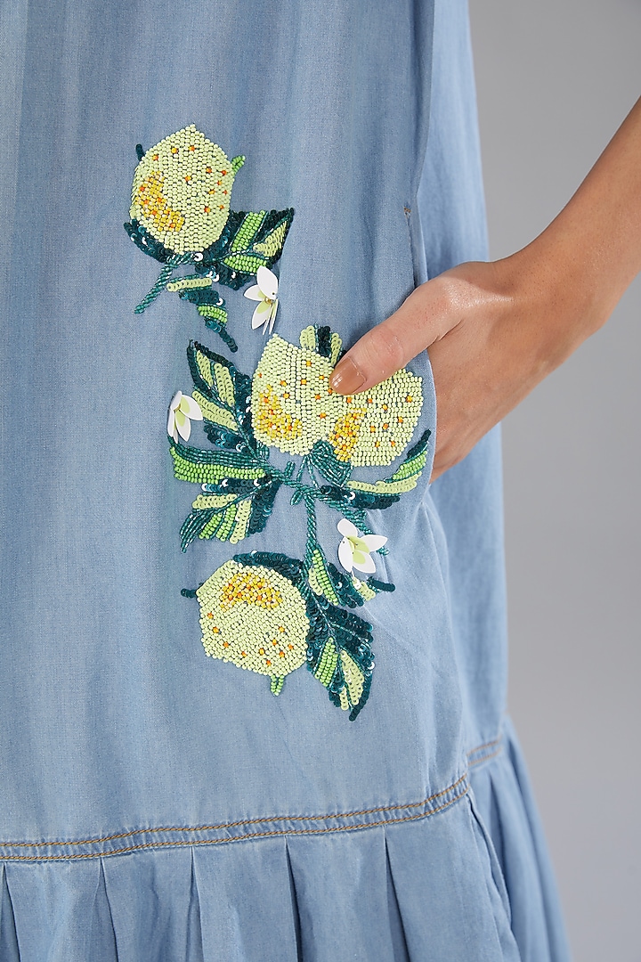Blue Denim Embellished Pleated Shift Summer Dress by Nakateki at Pernia's Pop Up Shop