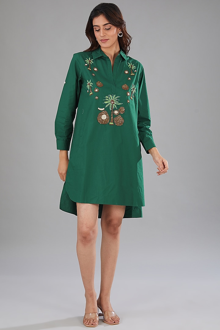 Bottle Green Cotton Poplin Embellished High-Low Shift Dress by Nakateki at Pernia's Pop Up Shop