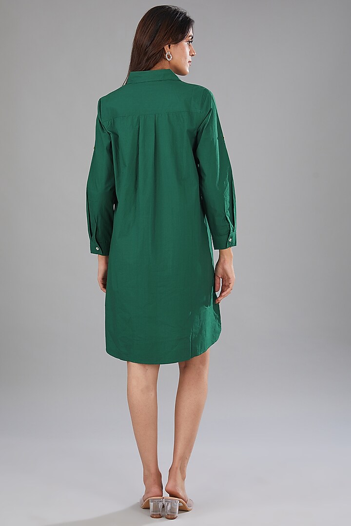Bottle Green Cotton Poplin Embellished High-Low Shift Vacation Dress by Nakateki at Pernia's Pop Up Shop