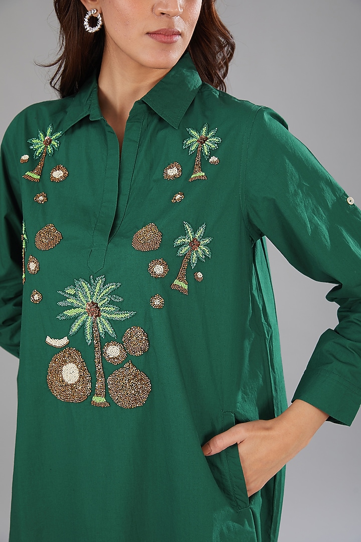 Bottle Green Cotton Poplin Embellished High-Low Shift Vacation Dress by Nakateki at Pernia's Pop Up Shop