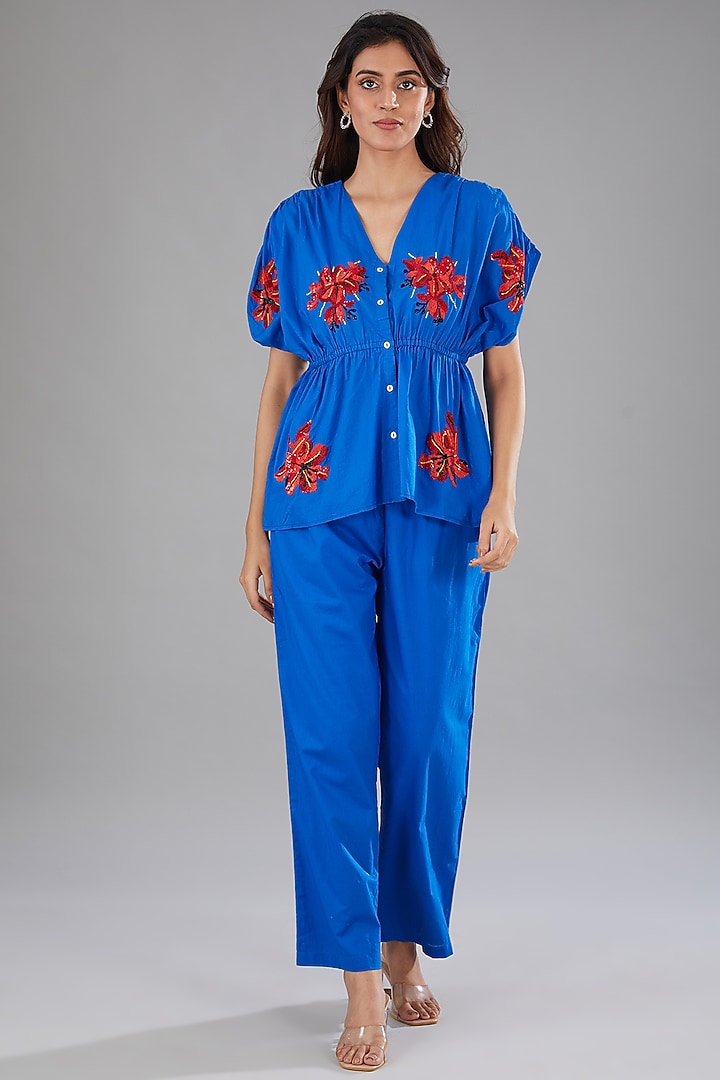 Cobalt Blue Cotton Cambric Floral Embellished Co-Ord Set by Nakateki at Pernia's Pop Up Shop