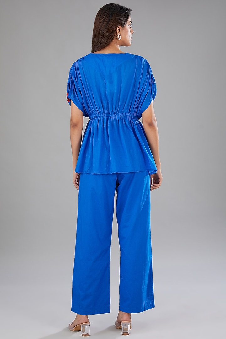 Cobalt Blue Cotton Cambric Floral Embellished Co-Ord Set by Nakateki at Pernia's Pop Up Shop