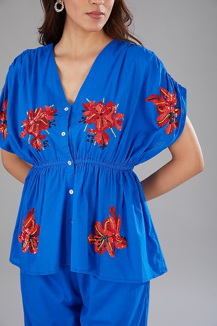 Cobalt Blue Cotton Cambric Floral Embellished Co-Ord Set by Nakateki at Pernia's Pop Up Shop