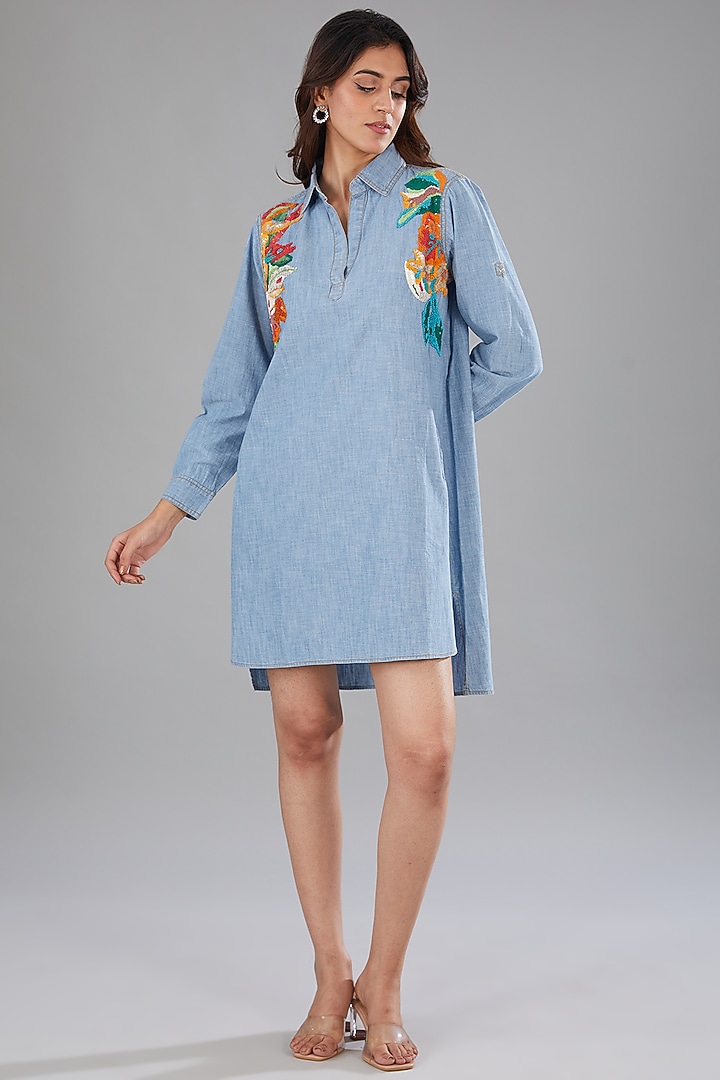 Blue Denim Floral Embellished High-Low Shift Vacation Dress by Nakateki at Pernia's Pop Up Shop