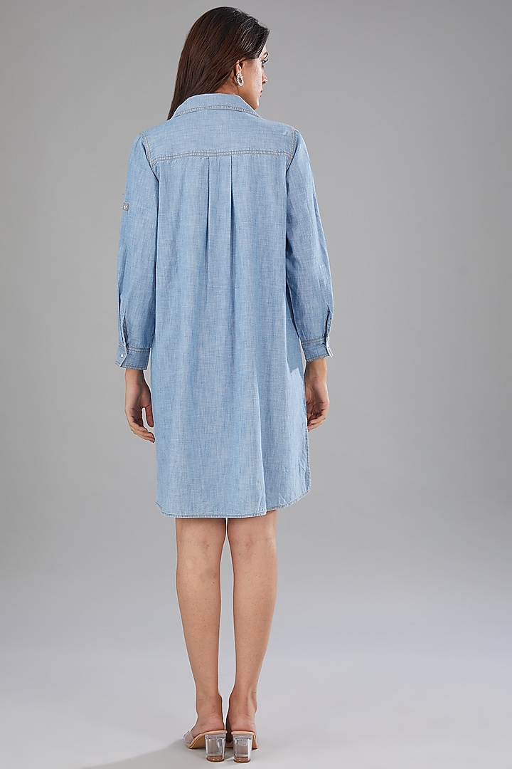 Blue Denim Floral Embellished High-Low Shift Vacation Dress by Nakateki at Pernia's Pop Up Shop
