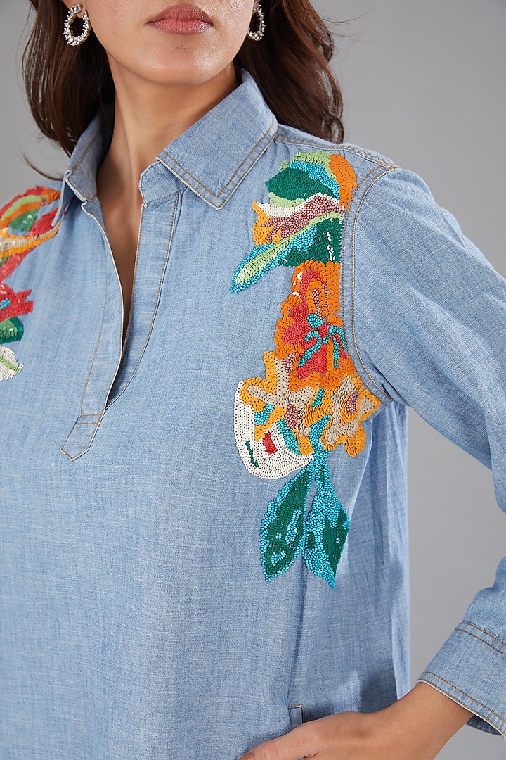 Blue Denim Floral Embellished High-Low Shift Vacation Dress by Nakateki at Pernia's Pop Up Shop