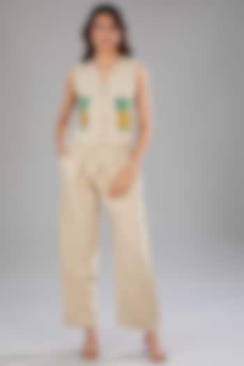Beige Linen Sequins Embellished Co-Ord Set by Nakateki at Pernia's Pop Up Shop