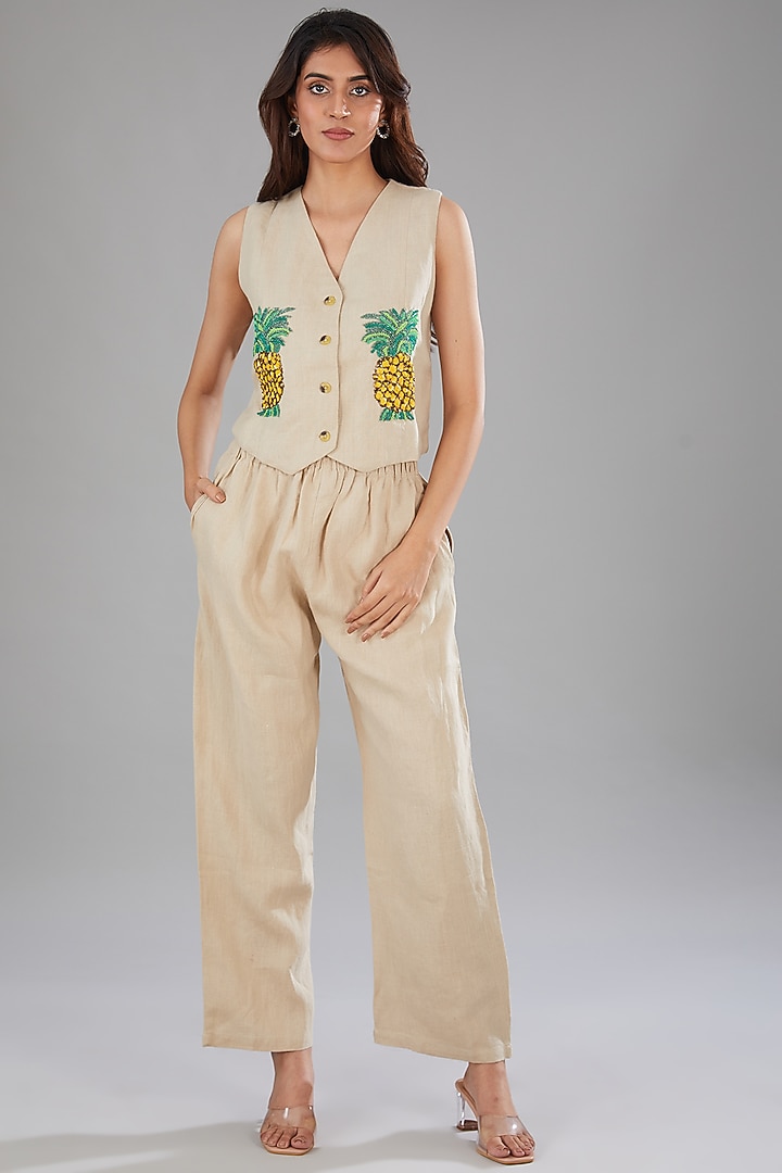 Beige Linen Sequins Embellished Co-Ord Set by Nakateki at Pernia's Pop Up Shop