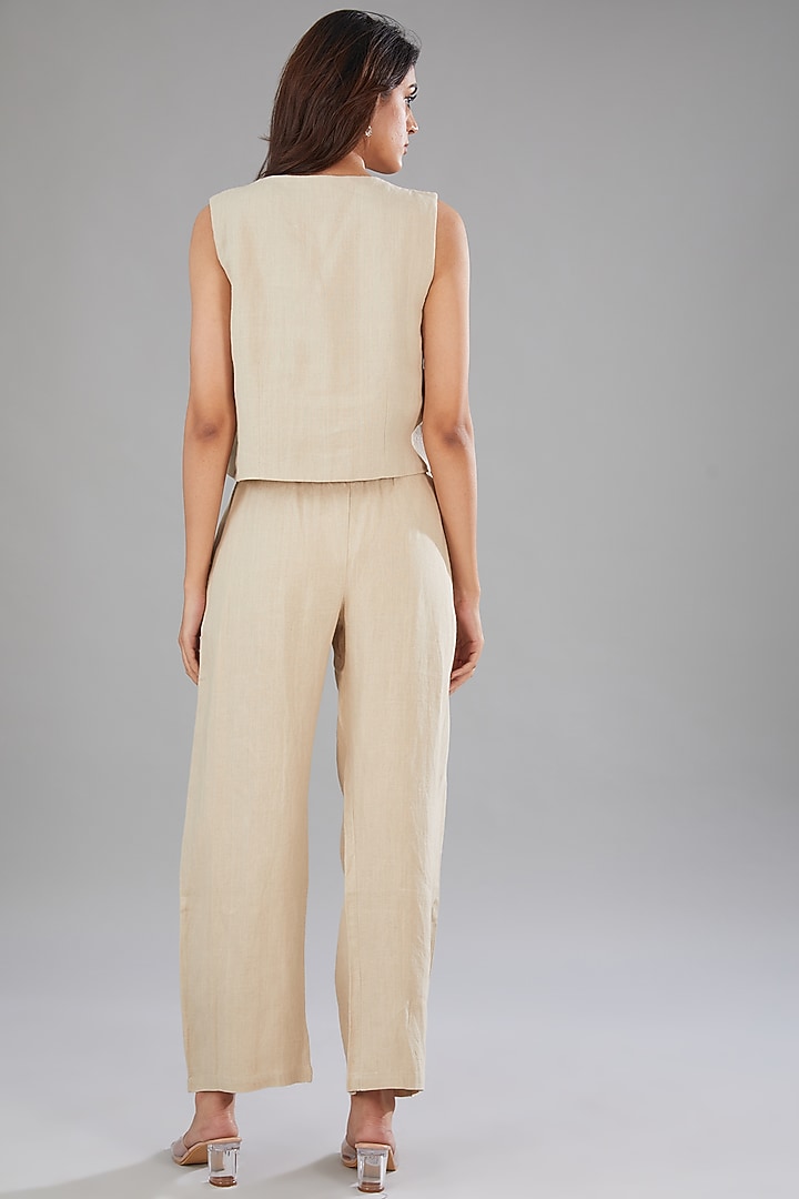 Beige Linen Sequins Embellished Co-Ord Set by Nakateki at Pernia's Pop Up Shop
