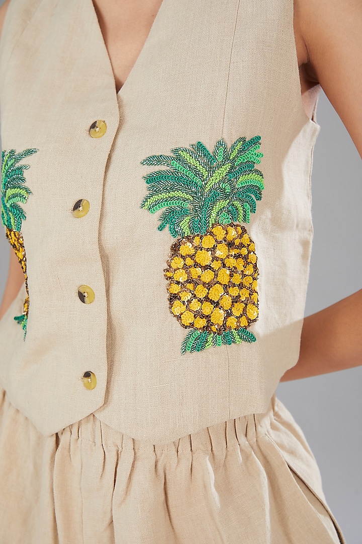 Beige Linen Sequins Embellished Co-Ord Set by Nakateki at Pernia's Pop Up Shop