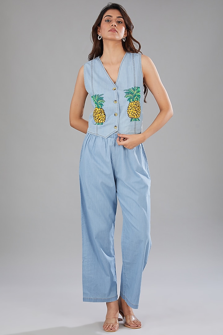 Blue Denim Sequins Embellished Co-Ord Set by Nakateki at Pernia's Pop Up Shop