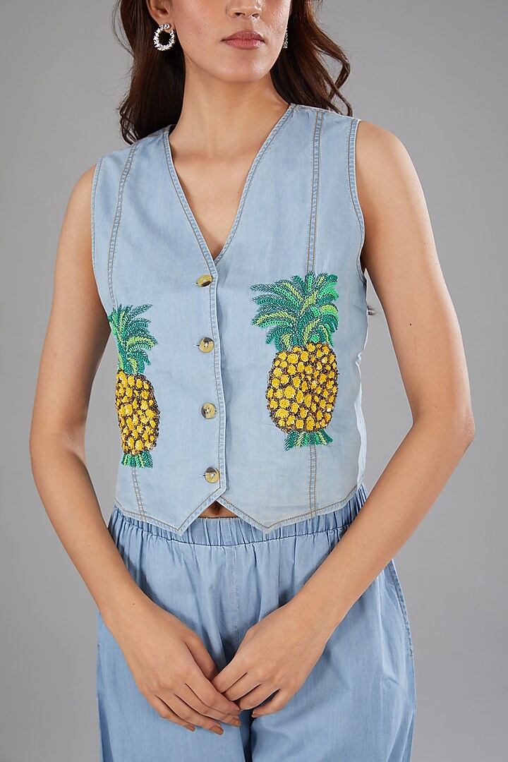 Blue Denim Sequins Embellished Co-Ord Set by Nakateki at Pernia's Pop Up Shop