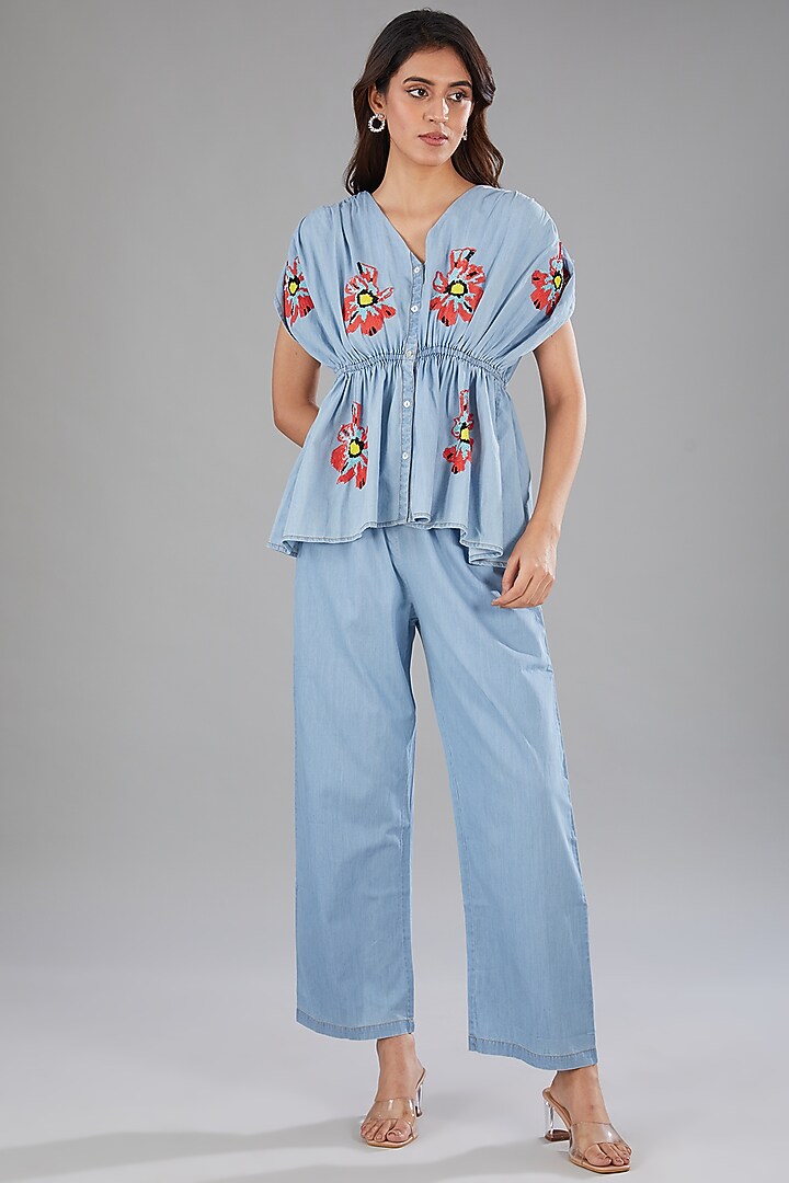 Blue Denim Floral Embellished Co-Ord Set by Nakateki at Pernia's Pop Up Shop