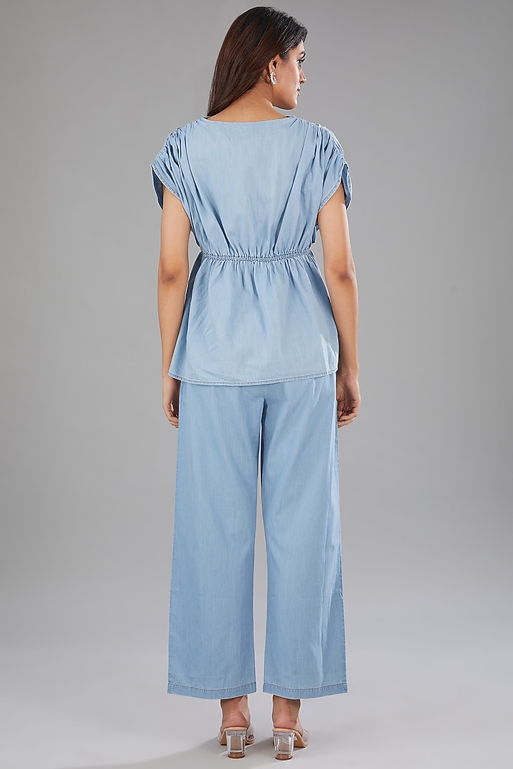 Blue Denim Floral Embellished Co-Ord Set by Nakateki at Pernia's Pop Up Shop