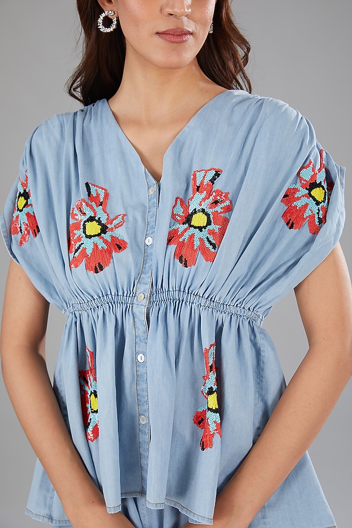 Blue Denim Floral Embellished Co-Ord Set by Nakateki at Pernia's Pop Up Shop