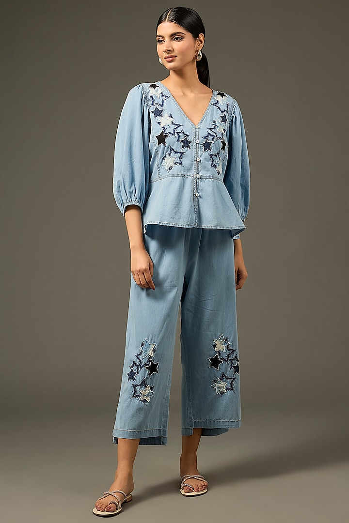 Blue Denim Cotton Beaded Handwork Co-Ord Set by Nakateki at Pernia's Pop Up Shop