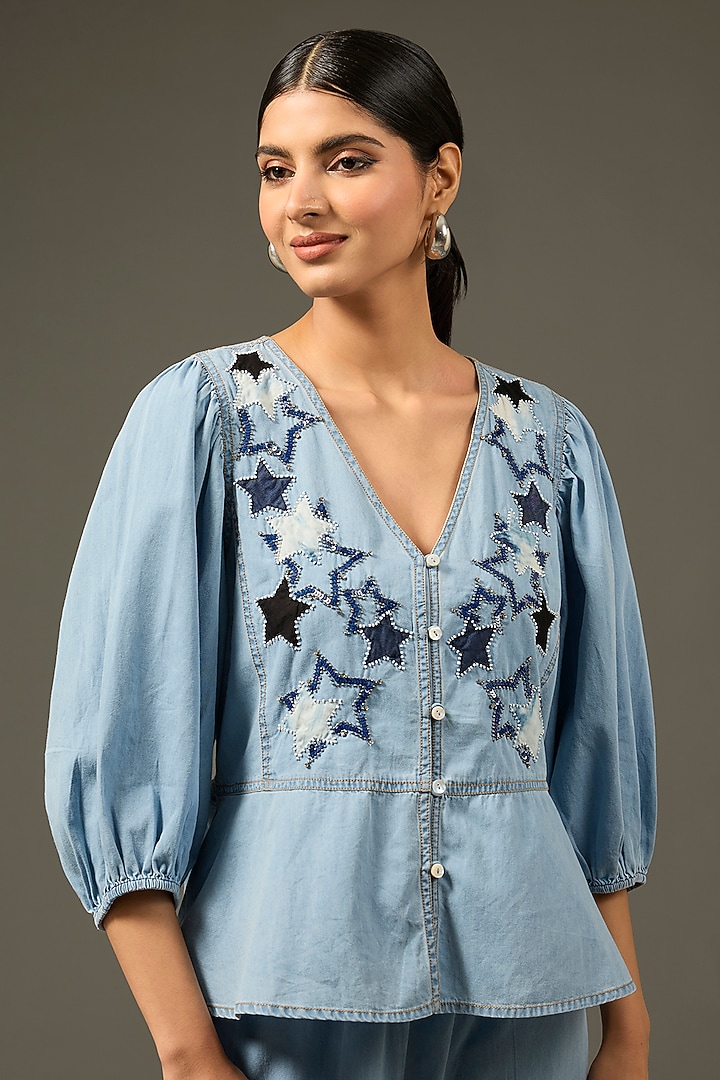 Blue Denim Cotton Beaded Handwork Co-Ord Set by Nakateki at Pernia's Pop Up Shop