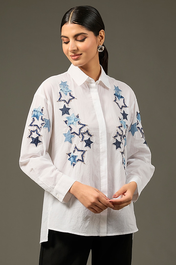 White Cambric Cotton Denim Handwork Shirt by Nakateki at Pernia's Pop Up Shop