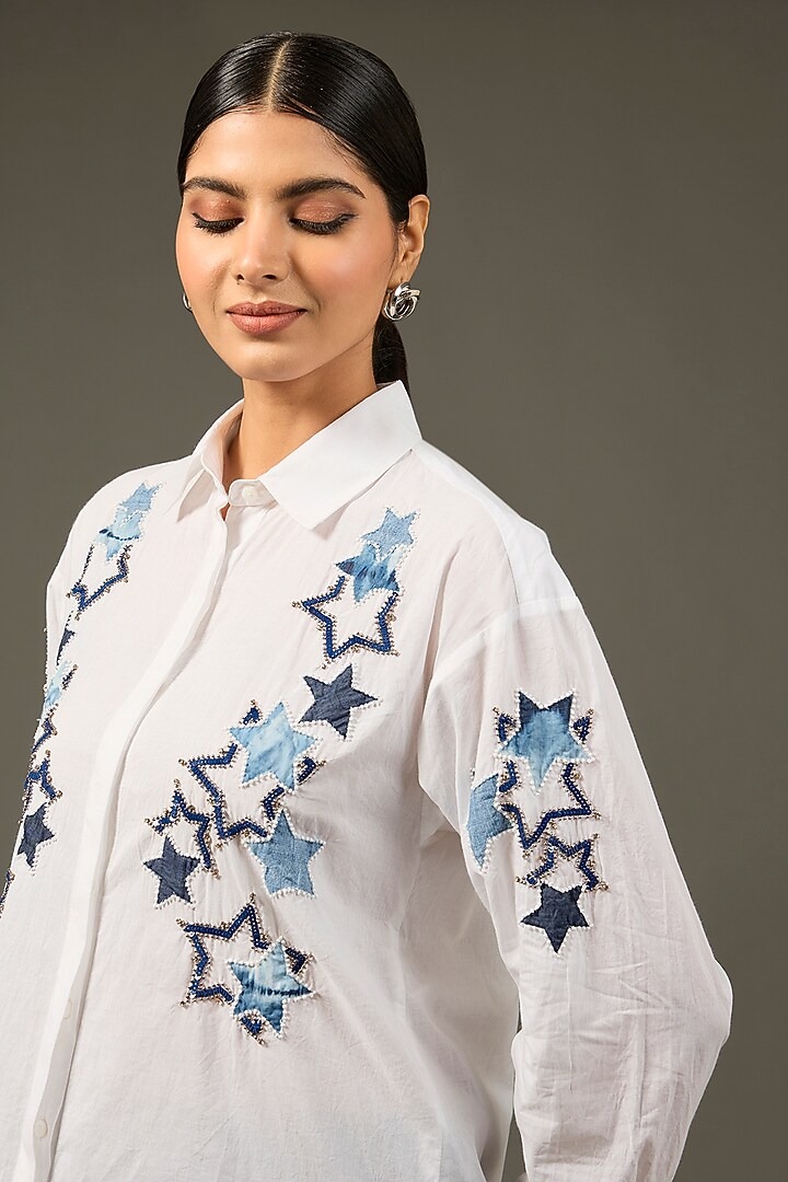 White Cambric Cotton Denim Handwork Shirt by Nakateki at Pernia's Pop Up Shop
