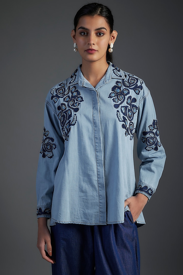 Blue Cotton & Denim Floral Motifs Hand Embroidered High-Low Shirt by Nakateki at Pernia's Pop Up Shop