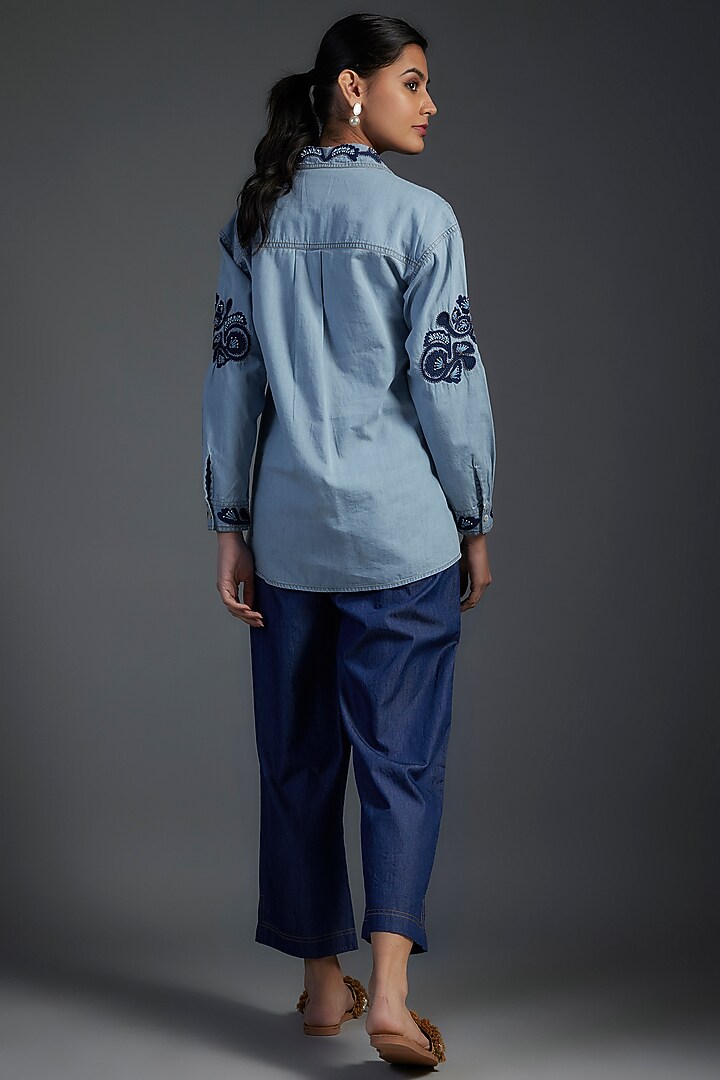 Blue Cotton & Denim Floral Motifs Hand Embroidered High-Low Shirt by Nakateki at Pernia's Pop Up Shop