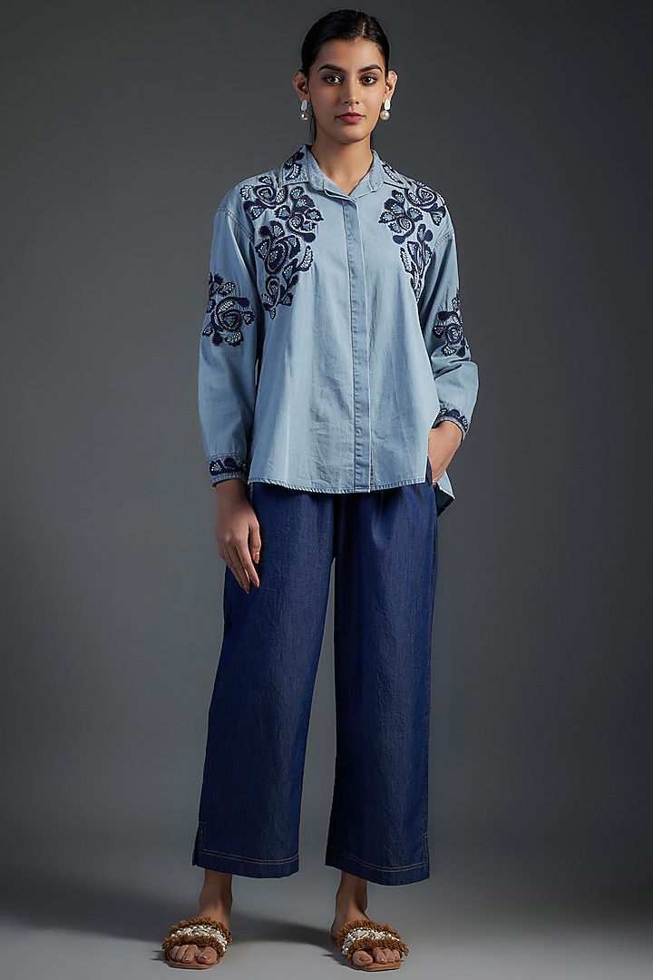 Blue Cotton & Denim Floral Motifs Hand Embroidered High-Low Shirt by Nakateki at Pernia's Pop Up Shop