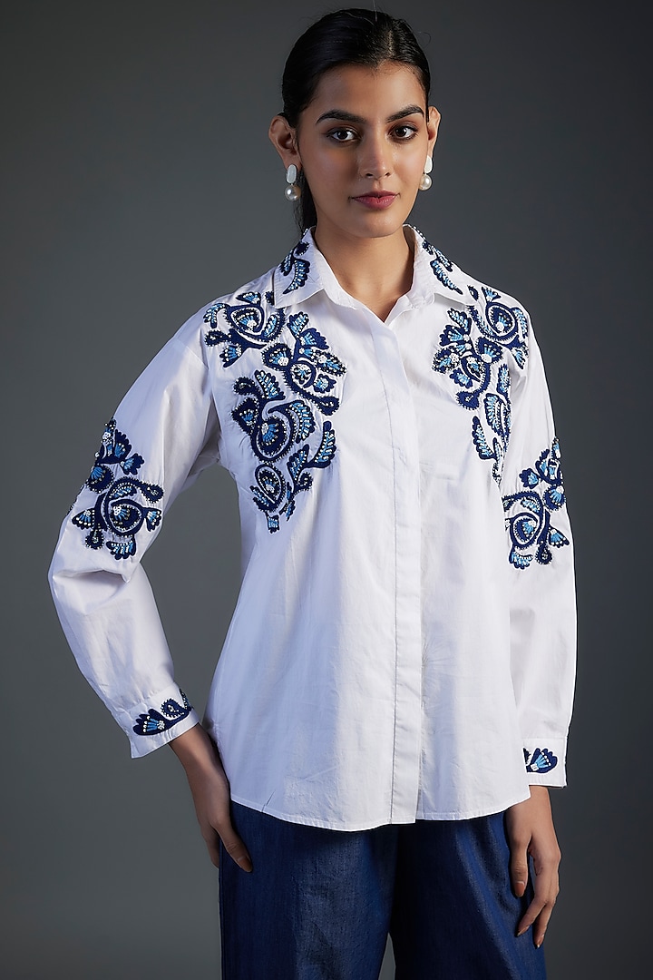 White Cotton & Denim Floral Motifs Hand Embroidered High-Low Shirt by Nakateki at Pernia's Pop Up Shop