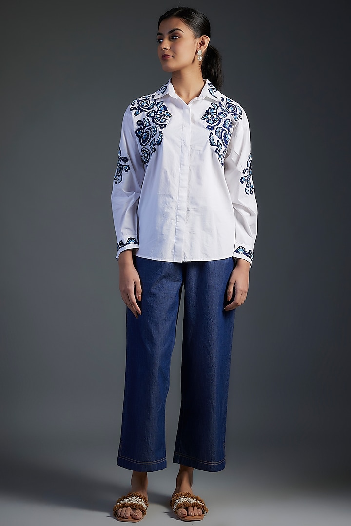 White Cotton & Denim Floral Motifs Hand Embroidered High-Low Shirt by Nakateki at Pernia's Pop Up Shop