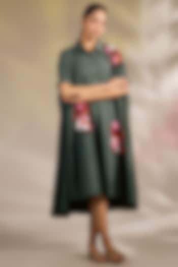 Green Cotton Poplin Floral Beaded Embellished Vacation Dress by Nakateki at Pernia's Pop Up Shop