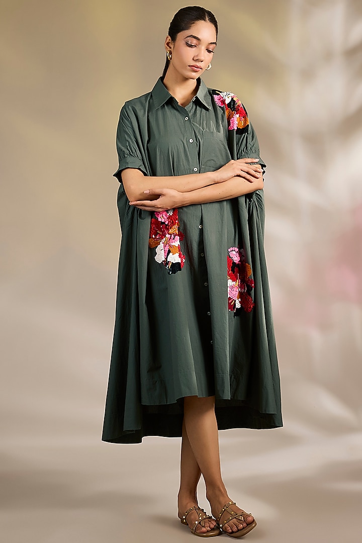 Green Cotton Poplin Floral Beaded Embellished Vacation Dress by Nakateki at Pernia's Pop Up Shop