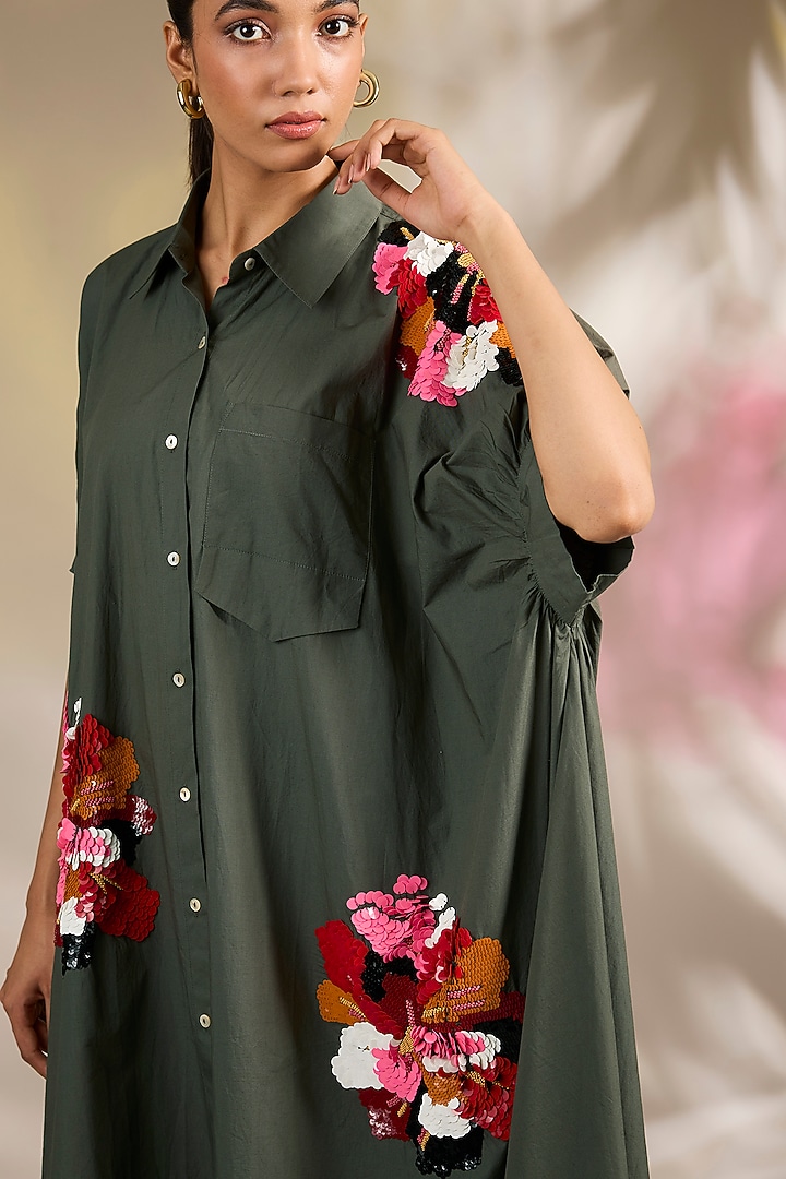 Green Cotton Poplin Floral Beaded Embellished Vacation Dress by Nakateki at Pernia's Pop Up Shop