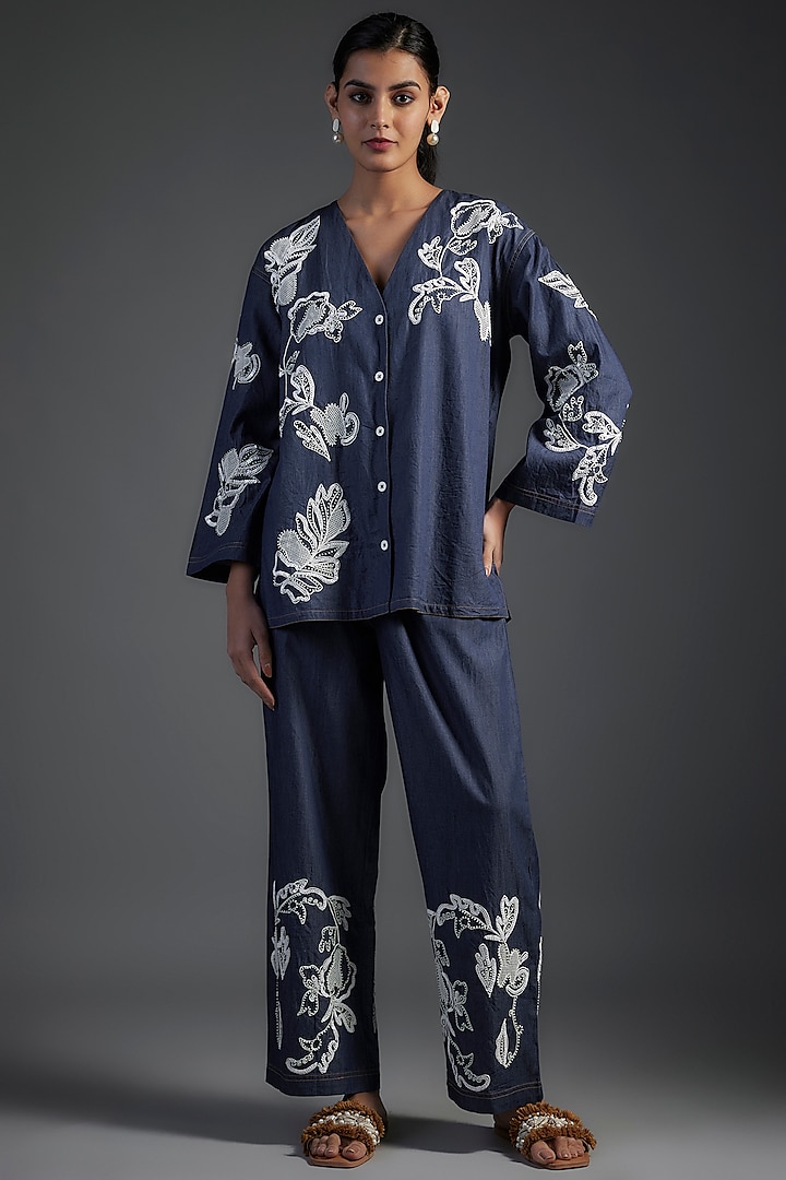 Blue Cotton & Denim Applique Embroidered Co-Ord Set by Nakateki at Pernia's Pop Up Shop