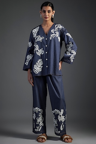 Blue Cotton & Denim Applique Embroidered Co-Ord Set by Nakateki