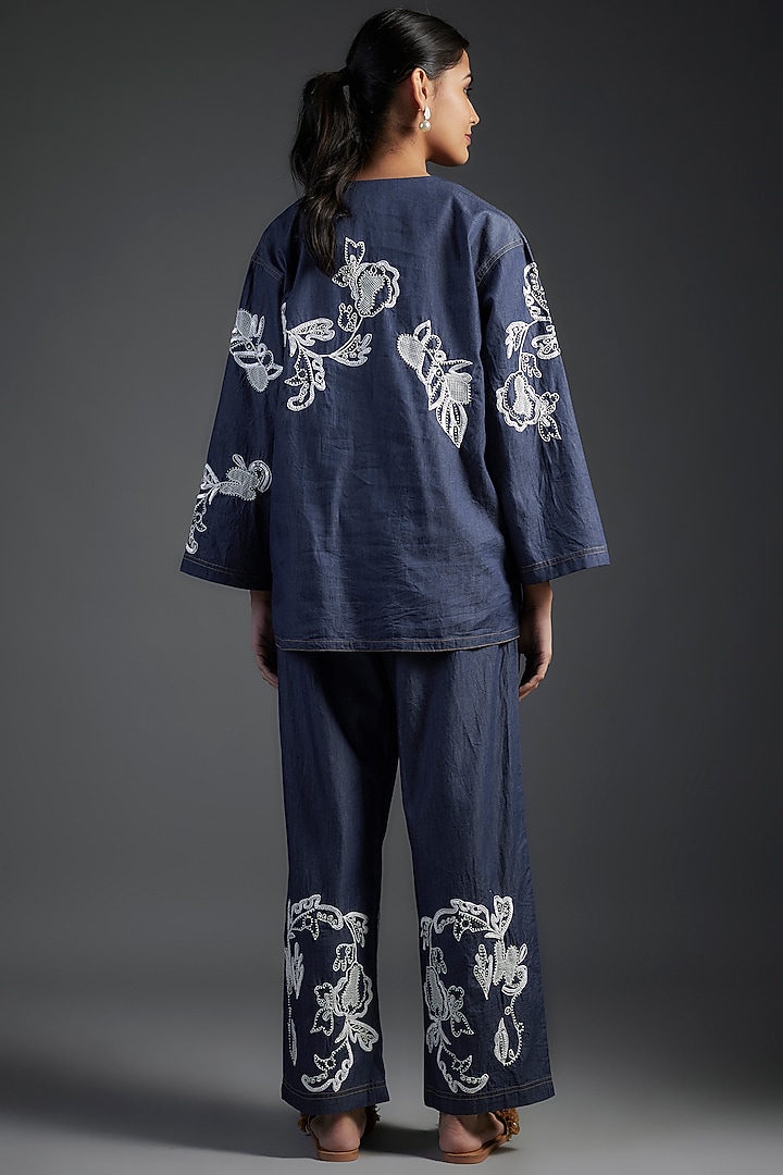 Blue Cotton & Denim Applique Embroidered Co-Ord Set by Nakateki at Pernia's Pop Up Shop