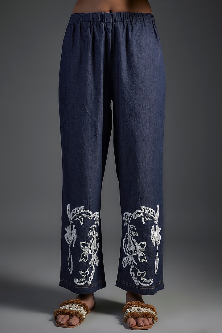 Blue Cotton & Denim Applique Embroidered Co-Ord Set by Nakateki at Pernia's Pop Up Shop