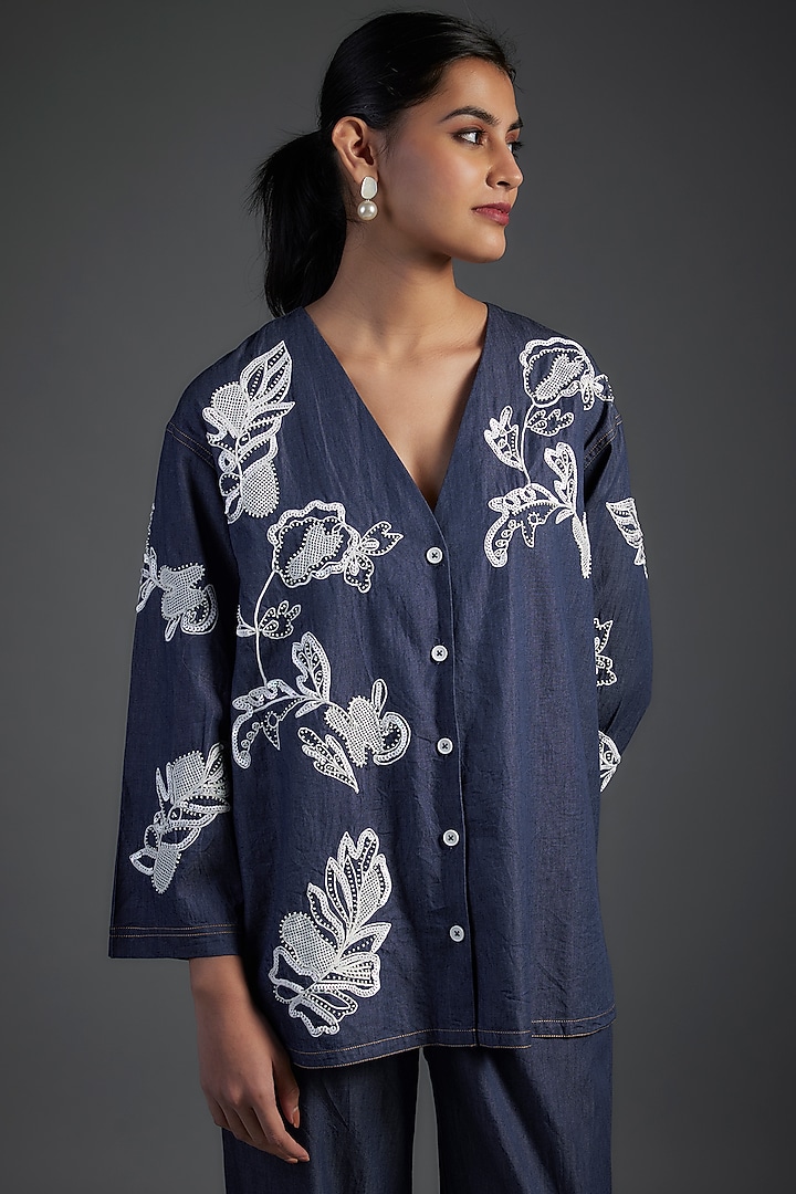 Blue Cotton & Denim Applique Embroidered Co-Ord Set by Nakateki at Pernia's Pop Up Shop