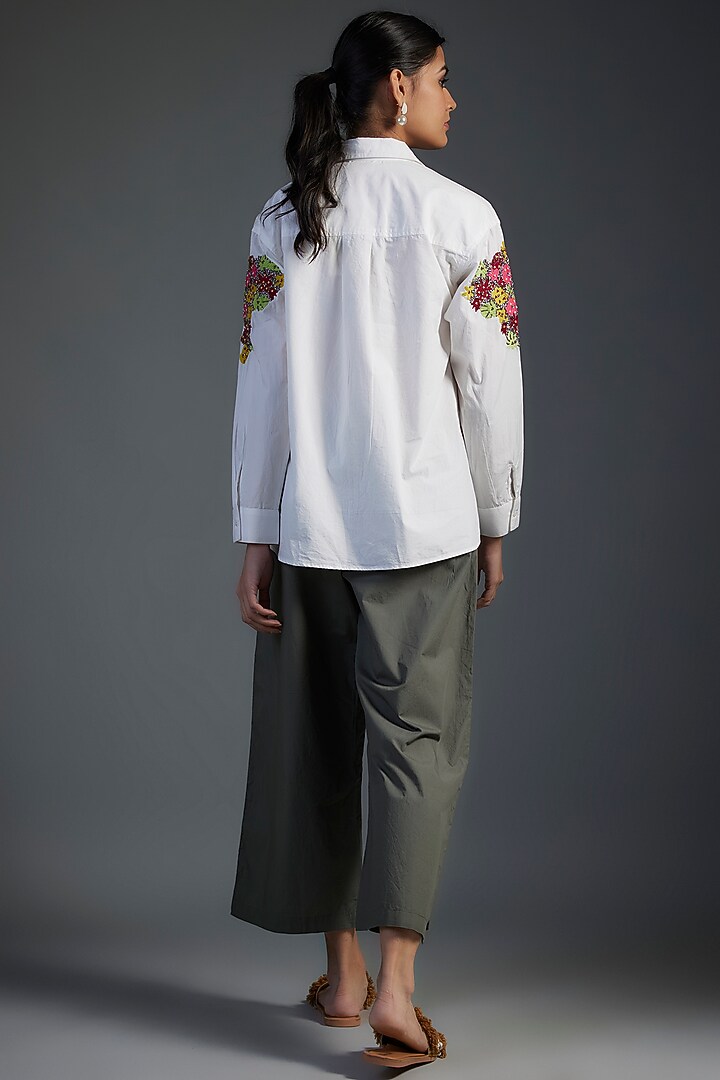 White Cotton Poplin Floral Motifs Hand Embroidered High-Low Shirt by Nakateki at Pernia's Pop Up Shop