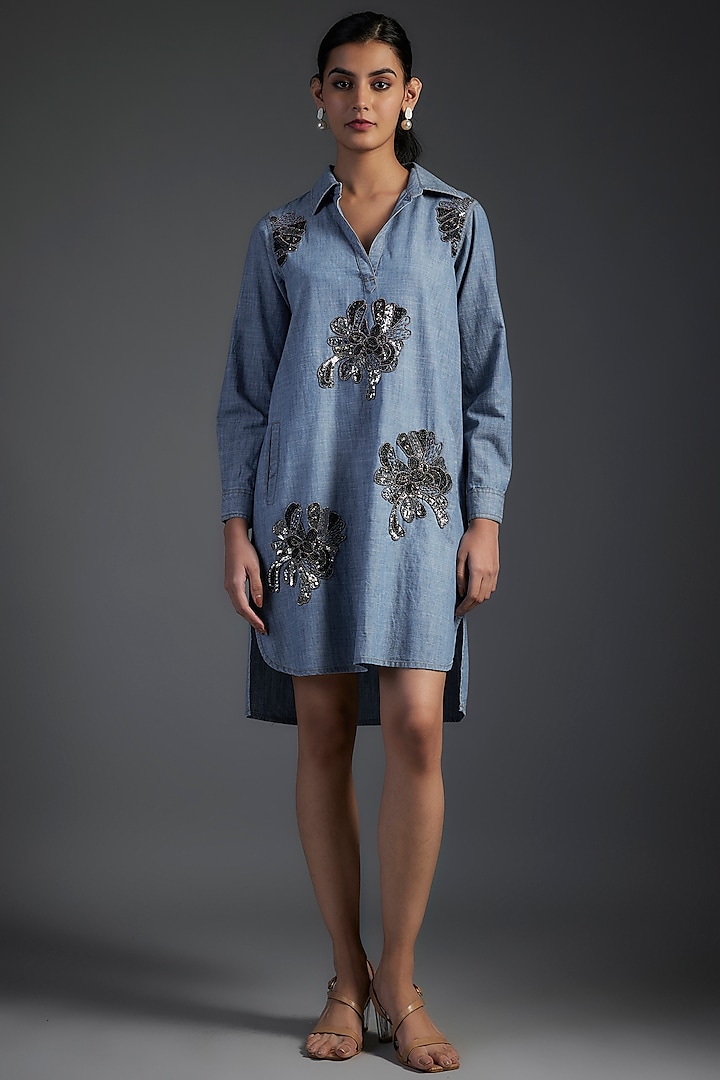 Blue Cotton & Denim Applique Embellished High-Low Shift Dress by Nakateki at Pernia's Pop Up Shop