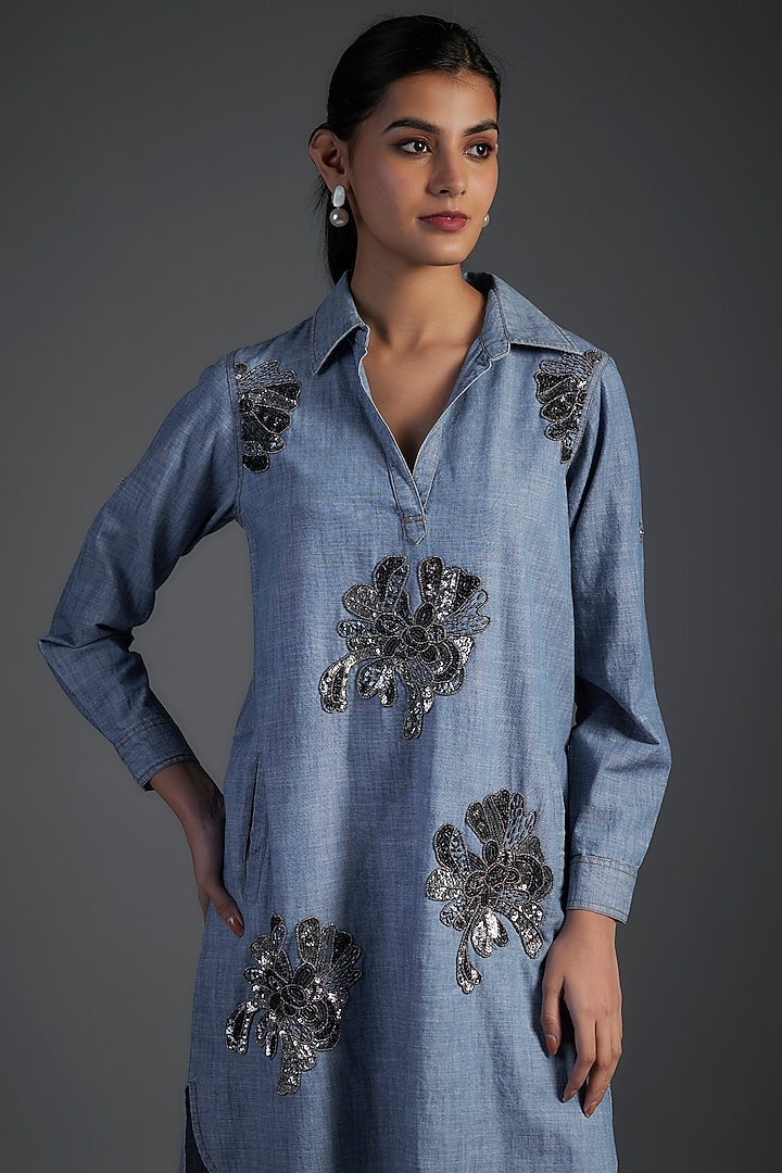 Blue Cotton & Denim Applique Embellished High-Low Shift Vacation Dress by Nakateki at Pernia's Pop Up Shop