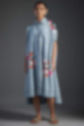 Blue Cotton & Washed Denim Floral Beads Embellished Dress by Nakateki at Pernia's Pop Up Shop