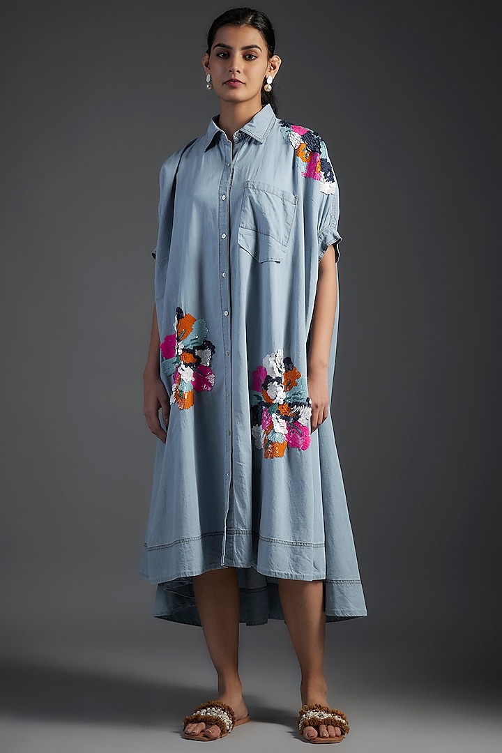 Blue Cotton & Washed Denim Floral Beads Embellished Dress by Nakateki at Pernia's Pop Up Shop